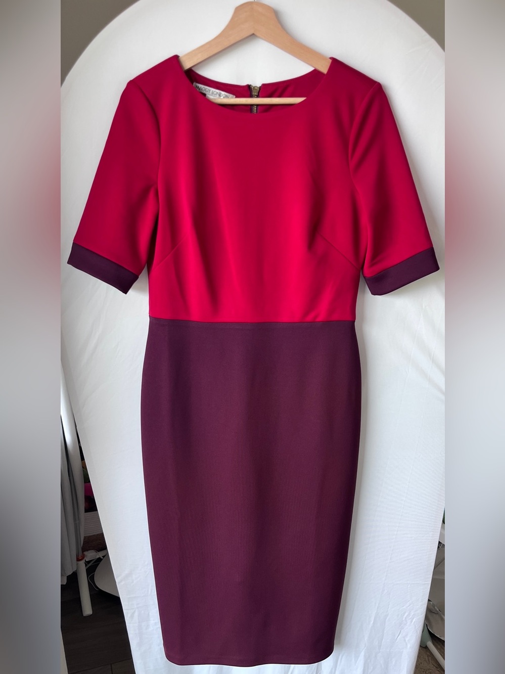 Maggy London Two-Tone Red and Plum Midi Sheath Dress